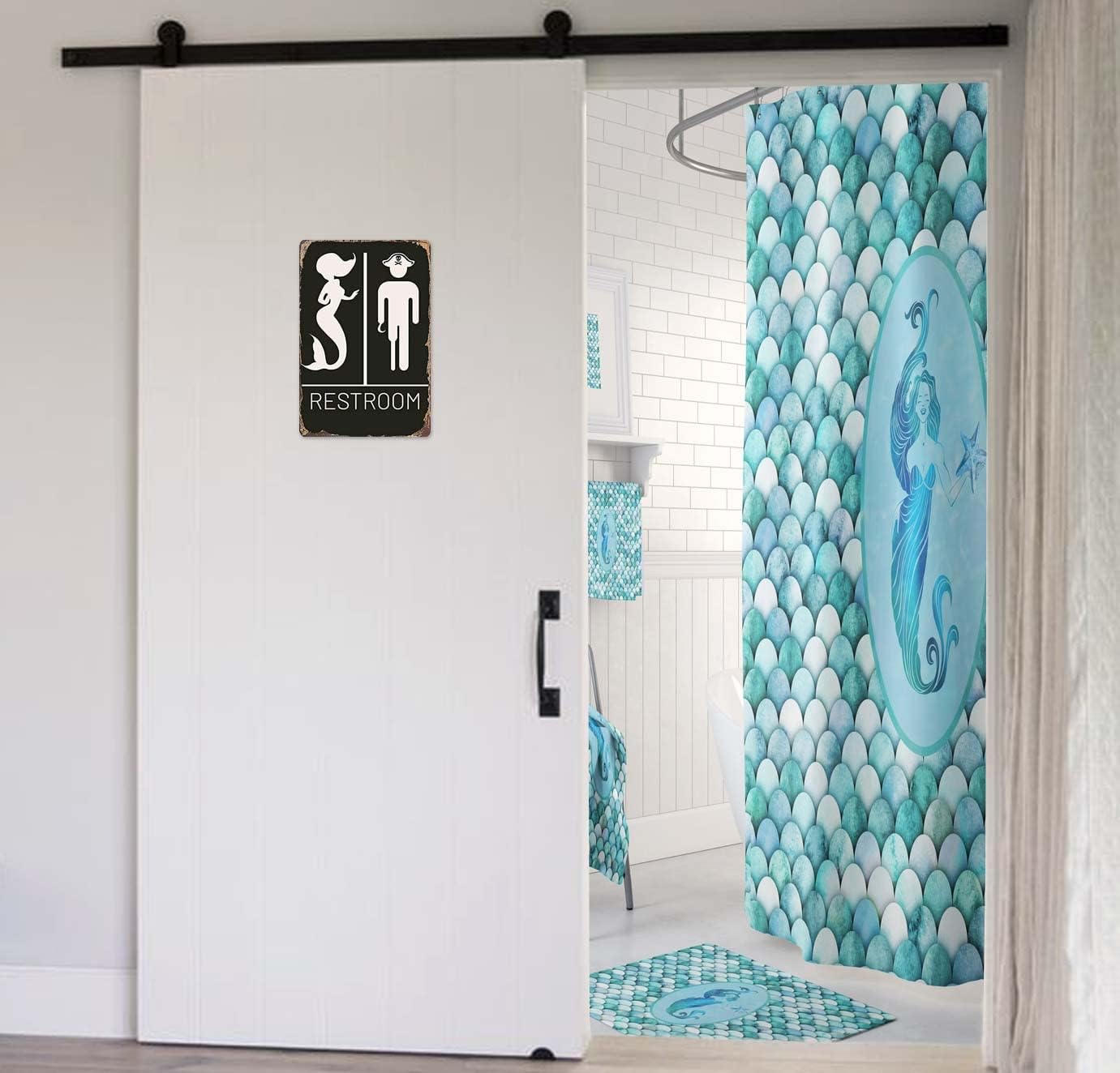 Nautical Restroom Sign - Pirate and Mermaid Themed Decor for Beach and Ocean Inspired Bathrooms | Funny Bathroom Sign, 12" * 8" (515)